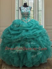 Luxury Pick Ups See Through Ball Gowns Quince Ball Gowns Turquoise Scoop Organza Sleeveless Floor Length Lace Up