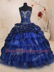 Discount Sleeveless With Train Beading and Ruffled Layers and Pick Ups Lace Up Quince Ball Gowns with Royal Blue Brush Train