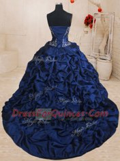 Discount Sleeveless With Train Beading and Ruffled Layers and Pick Ups Lace Up Quince Ball Gowns with Royal Blue Brush Train