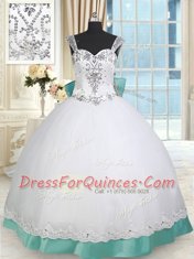 Ideal White and Green Straps Lace Up Beading and Lace and Bowknot Quince Ball Gowns Sleeveless