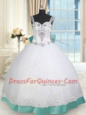 Ideal White and Green Straps Lace Up Beading and Lace and Bowknot Quince Ball Gowns Sleeveless