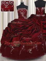 Elegant Taffeta and Tulle Strapless Sleeveless Lace Up Beading and Pick Ups Quinceanera Gown in Wine Red