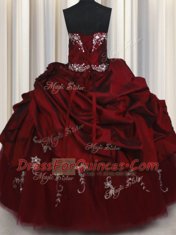 Elegant Taffeta and Tulle Strapless Sleeveless Lace Up Beading and Pick Ups Quinceanera Gown in Wine Red