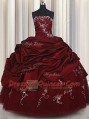 Elegant Taffeta and Tulle Strapless Sleeveless Lace Up Beading and Pick Ups Quinceanera Gown in Wine Red