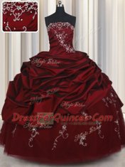 Elegant Taffeta and Tulle Strapless Sleeveless Lace Up Beading and Pick Ups Quinceanera Gown in Wine Red