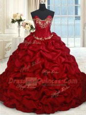 Wine Red Ball Gowns Taffeta Sweetheart Sleeveless Beading and Pick Ups Floor Length Lace Up Quinceanera Dresses