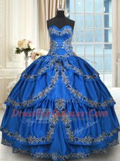 Noble Blue Sweetheart Lace Up Beading and Embroidery and Ruffled Layers Ball Gown Prom Dress Sleeveless