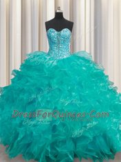Turquoise Sweetheart Lace Up Beading and Ruffles Sweet 16 Quinceanera Dress Sleeveless