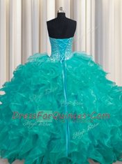 Turquoise Sweetheart Lace Up Beading and Ruffles Sweet 16 Quinceanera Dress Sleeveless