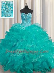 Turquoise Sweetheart Lace Up Beading and Ruffles Sweet 16 Quinceanera Dress Sleeveless