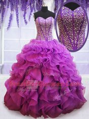 Custom Made Eggplant Purple Lace Up Quinceanera Gowns Beading and Ruffles Sleeveless Floor Length