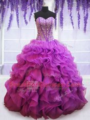 Custom Made Eggplant Purple Lace Up Quinceanera Gowns Beading and Ruffles Sleeveless Floor Length