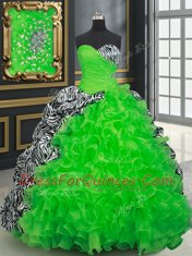 Luxurious Printed Sleeveless Brush Train Lace Up Beading and Ruffles and Pick Ups Quinceanera Gown
