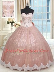 Stunning Peach Tulle Lace Up Vestidos de Quinceanera Sleeveless Floor Length Beading and Lace and Bowknot
