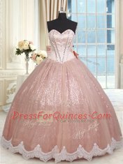 Stunning Peach Tulle Lace Up Vestidos de Quinceanera Sleeveless Floor Length Beading and Lace and Bowknot