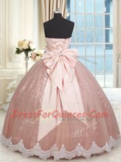 Stunning Peach Tulle Lace Up Vestidos de Quinceanera Sleeveless Floor Length Beading and Lace and Bowknot