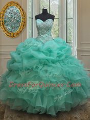 Sleeveless Organza Floor Length Lace Up Sweet 16 Quinceanera Dress in Apple Green with Beading and Ruffles and Pick Ups