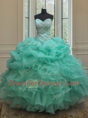 Sleeveless Organza Floor Length Lace Up Sweet 16 Quinceanera Dress in Apple Green with Beading and Ruffles and Pick Ups