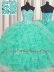 Pretty Turquoise Sleeveless Beading and Ruffles Floor Length Quince Ball Gowns