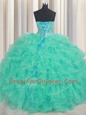 Pretty Turquoise Sleeveless Beading and Ruffles Floor Length Quince Ball Gowns
