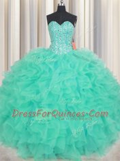 Pretty Turquoise Sleeveless Beading and Ruffles Floor Length Quince Ball Gowns