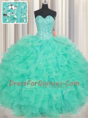 Pretty Turquoise Sleeveless Beading and Ruffles Floor Length Quince Ball Gowns