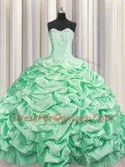 Adorable Apple Green Taffeta Lace Up Sweetheart Sleeveless With Train Ball Gown Prom Dress Brush Train Beading and Pick Ups