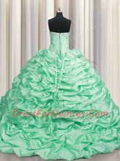 Adorable Apple Green Taffeta Lace Up Sweetheart Sleeveless With Train Ball Gown Prom Dress Brush Train Beading and Pick Ups