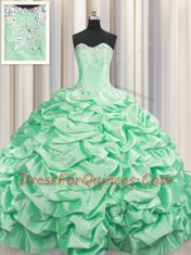 Adorable Apple Green Taffeta Lace Up Sweetheart Sleeveless With Train Ball Gown Prom Dress Brush Train Beading and Pick Ups