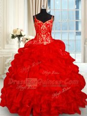 New Style Sleeveless Organza Brush Train Lace Up Ball Gown Prom Dress in Red with Beading and Ruffles and Pick Ups