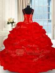 New Style Sleeveless Organza Brush Train Lace Up Ball Gown Prom Dress in Red with Beading and Ruffles and Pick Ups