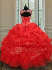 See Through Red Lace Up Quinceanera Dress Beading and Ruffles Sleeveless Floor Length