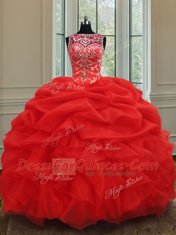 See Through Red Lace Up Quinceanera Dress Beading and Ruffles Sleeveless Floor Length