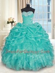 Turquoise Sweetheart Lace Up Beading and Ruffles Quinceanera Gowns Sleeveless