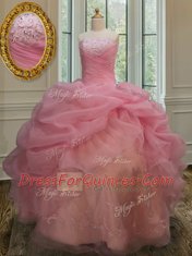 Luxurious Pick Ups Floor Length Pink 15th Birthday Dress Strapless Sleeveless Lace Up