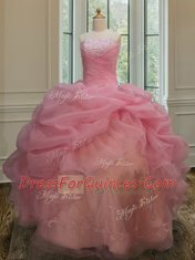 Luxurious Pick Ups Floor Length Pink 15th Birthday Dress Strapless Sleeveless Lace Up