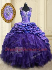 Custom Design Purple Ball Gown Prom Dress Military Ball and Sweet 16 and Quinceanera and For with Beading and Ruffles and Pick Ups Straps Cap Sleeves Brush Train Lace Up