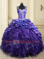 Custom Design Purple Ball Gown Prom Dress Military Ball and Sweet 16 and Quinceanera and For with Beading and Ruffles and Pick Ups Straps Cap Sleeves Brush Train Lace Up