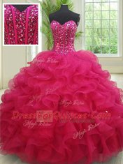 Hot Selling Fuchsia Sleeveless Floor Length Beading and Ruffles Lace Up Quinceanera Dresses