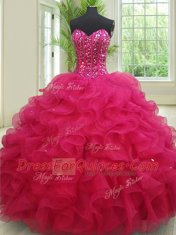 Hot Selling Fuchsia Sleeveless Floor Length Beading and Ruffles Lace Up Quinceanera Dresses