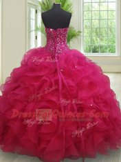 Hot Selling Fuchsia Sleeveless Floor Length Beading and Ruffles Lace Up Quinceanera Dresses