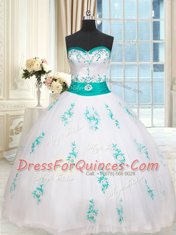 White Quinceanera Dress Military Ball and Sweet 16 and Quinceanera and For with Beading and Appliques Sweetheart Sleeveless Lace Up