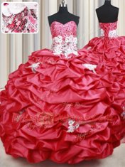 Sophisticated Coral Red Lace Up Sweetheart Beading and Appliques and Sequins and Pick Ups Quinceanera Dresses Taffeta Sleeveless Brush Train