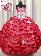 Sophisticated Coral Red Lace Up Sweetheart Beading and Appliques and Sequins and Pick Ups Quinceanera Dresses Taffeta Sleeveless Brush Train