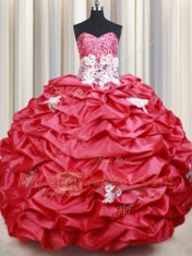 Sophisticated Coral Red Lace Up Sweetheart Beading and Appliques and Sequins and Pick Ups Quinceanera Dresses Taffeta Sleeveless Brush Train