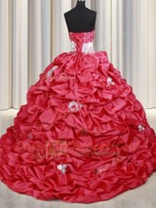 Sophisticated Coral Red Lace Up Sweetheart Beading and Appliques and Sequins and Pick Ups Quinceanera Dresses Taffeta Sleeveless Brush Train