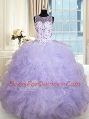 Inexpensive Floor Length Lavender Quince Ball Gowns Scoop Sleeveless Lace Up