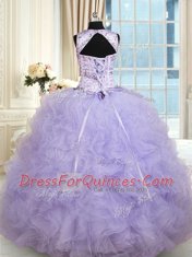 Inexpensive Floor Length Lavender Quince Ball Gowns Scoop Sleeveless Lace Up