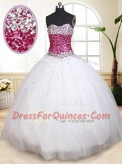 Fine White Ball Gowns Tulle Sweetheart Sleeveless Beading Floor Length Lace Up Sweet 16 Dress