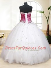 Fine White Ball Gowns Tulle Sweetheart Sleeveless Beading Floor Length Lace Up Sweet 16 Dress
